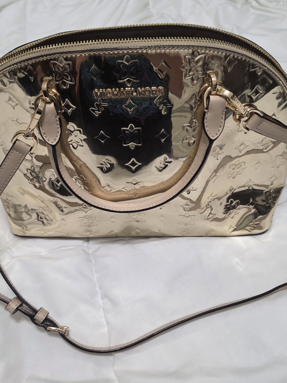 Michael Kors Gold Patent Floral-Embossed Dome Satchel